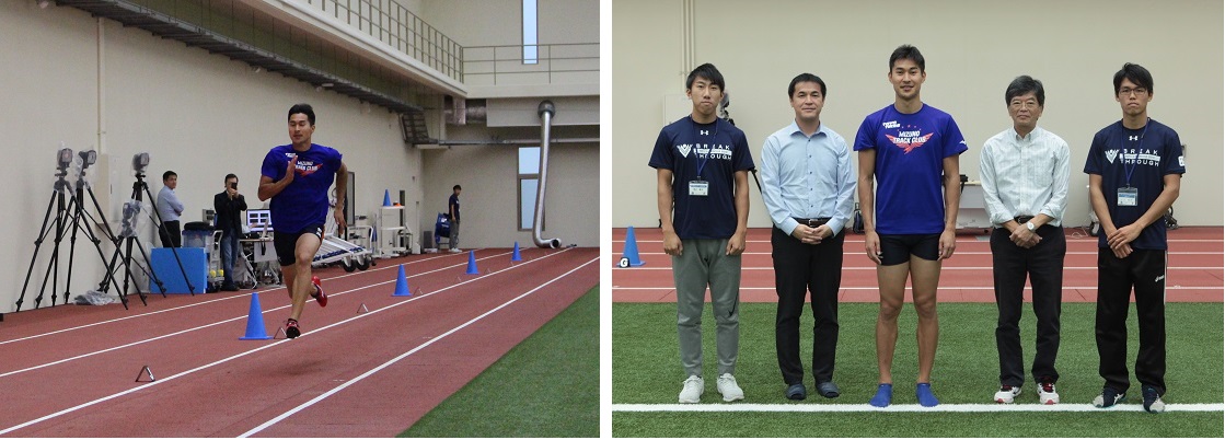 （左）測定の様子（右）松尾研究員、豊田コーチ、学生協力者と8