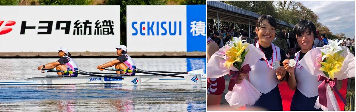 レース中の四方さん(前)と谷口さん/メダルを手にした四方さん(左)と谷口さん