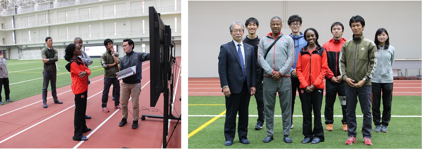 (左)フィードバックの様子(右)松下学長、松村准教授、測定に協力した学生らと