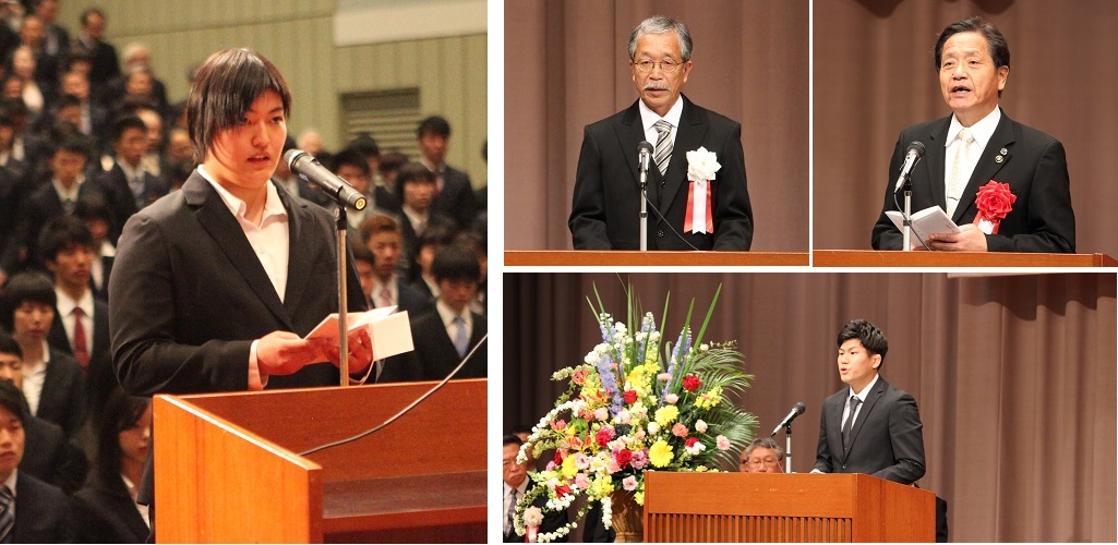 （左）入学生宣誓をする妹尾さん（右）松下学長の告辞、中西市長の祝辞、平垣さんによる歓迎の辞の様子9