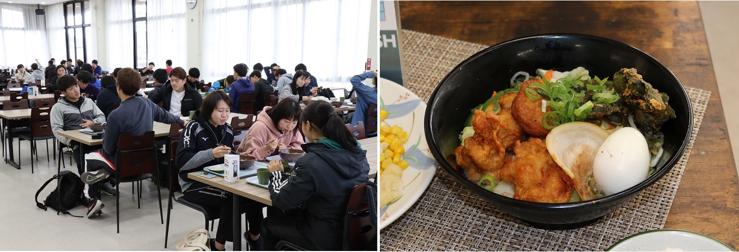 （左）賑わう学生食堂（右）450円のどっかんラーメン14