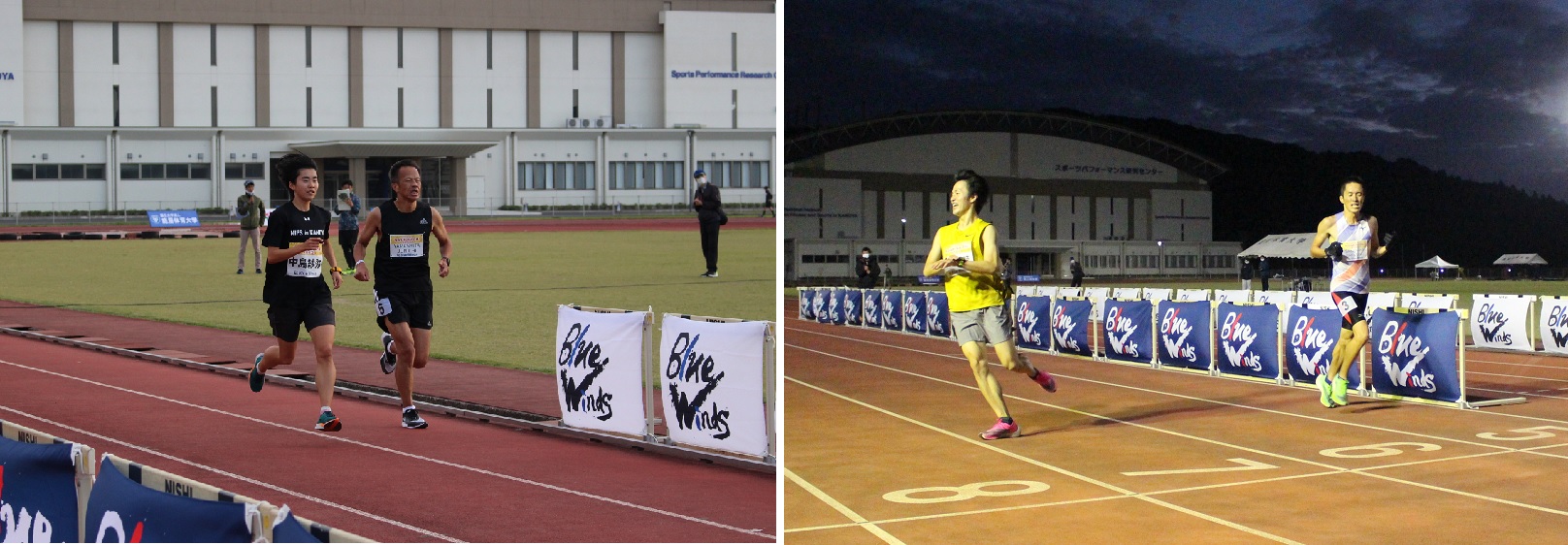 （左）インカレ5000ｍ優勝の中島沙弥さんがペースメーカーとして伴走した山下潤一さん、（右）目標タイム14分50秒にトライした坂中伸作さん