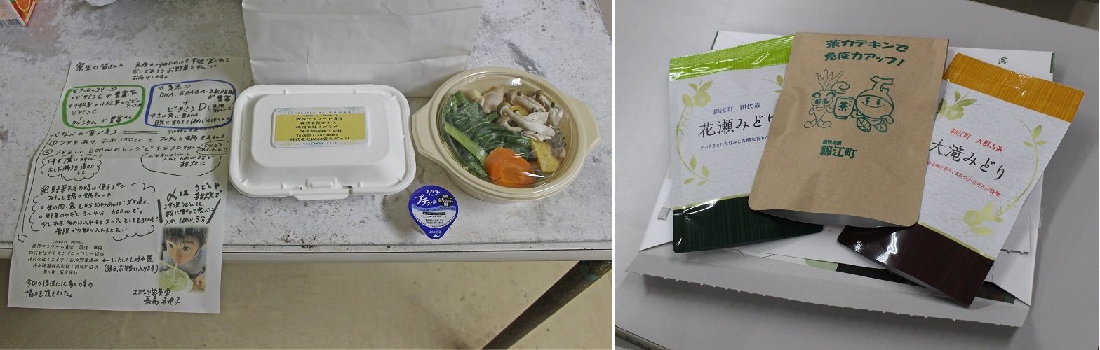 （左）KAGO食様から届いたレンジで調理できる一人鍋 （右）錦江町から届いた大根占茶、田代茶など特産のお茶のセット